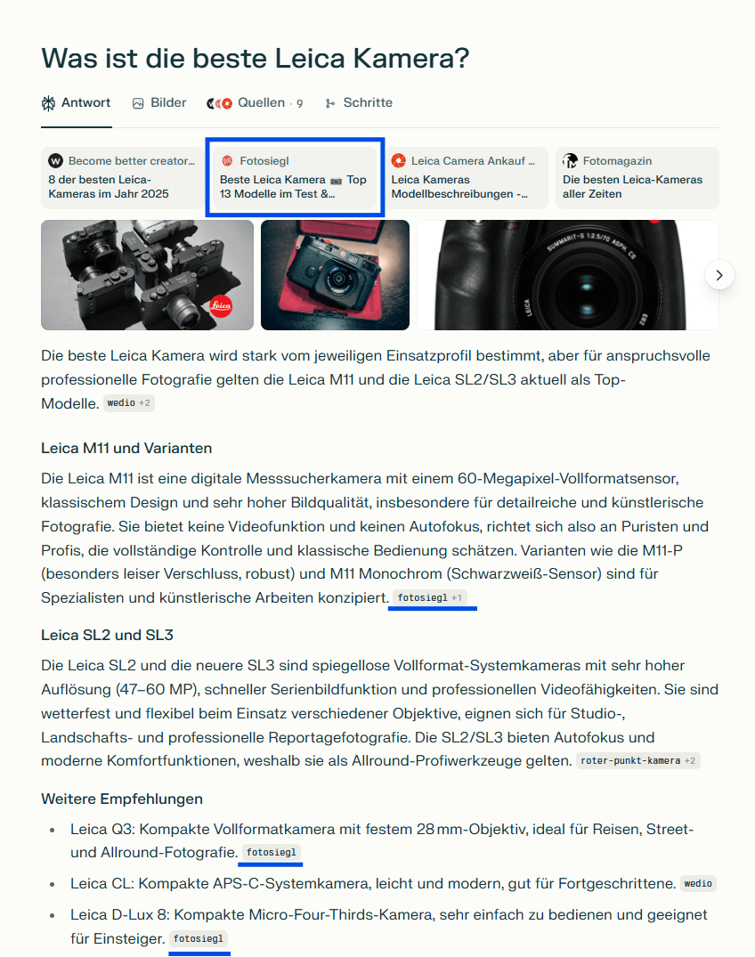 Perplexity Screenshot zur Frage "Was ist die beste Leica Kamera?"