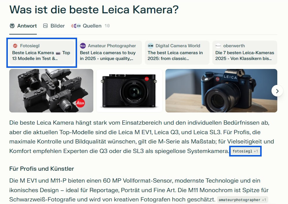 Screenshot einer Suchergebnisseite zur Frage „Was ist die beste Leica Kamera?“ mit hervorgehobenen Empfehlungen für Leica M11, SL2/SL3 und weiteren Modellen. Zu sehen sind Textabschnitte, Vorschaubilder von Leica-Kameras und Quellenhinweise, unter anderem von Foto Siegl.