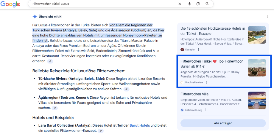 Screenshot aus AI Overview zum Thema Flitterwochen Tรผrkei
