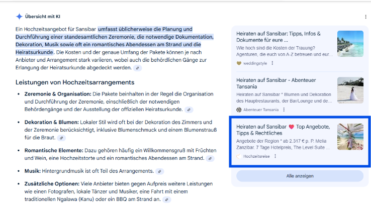 Screenshot aus AI Overview zum Thema Heiraten auf Sansibar