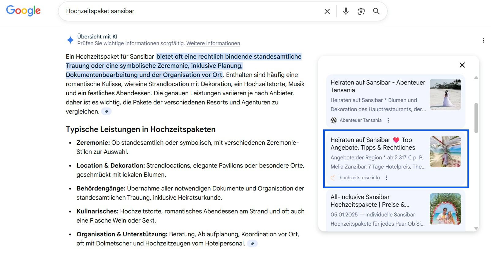 Screenshot einer Google-KI-Antwort zur Suche „Hochzeitspaket Sansibar“. Beschrieben werden typische Leistungen wie Zeremonie, Dokumentation, Dekoration, Musik und Abendessen am Strand. Rechts sind ergänzende Quellen zu Heiraten auf Sansibar von Abenteuer Tansania und hochzeitsreise.info zu sehen.