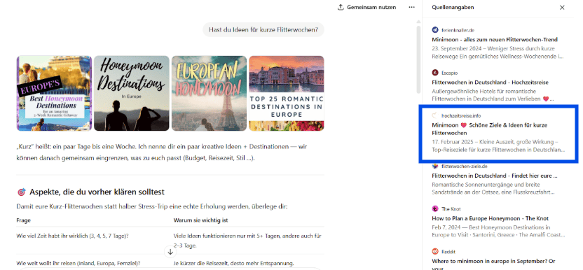 Screenshot zum Thema kurze Flitterwochen aus ChatGPT