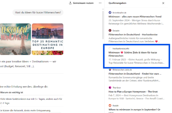 Screenshot aus ChatGPT mit Hochzeitsreise.info als Quelle
