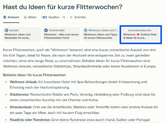 Screenshot aus Perplexity zum Thema kurze Flitterwochen
