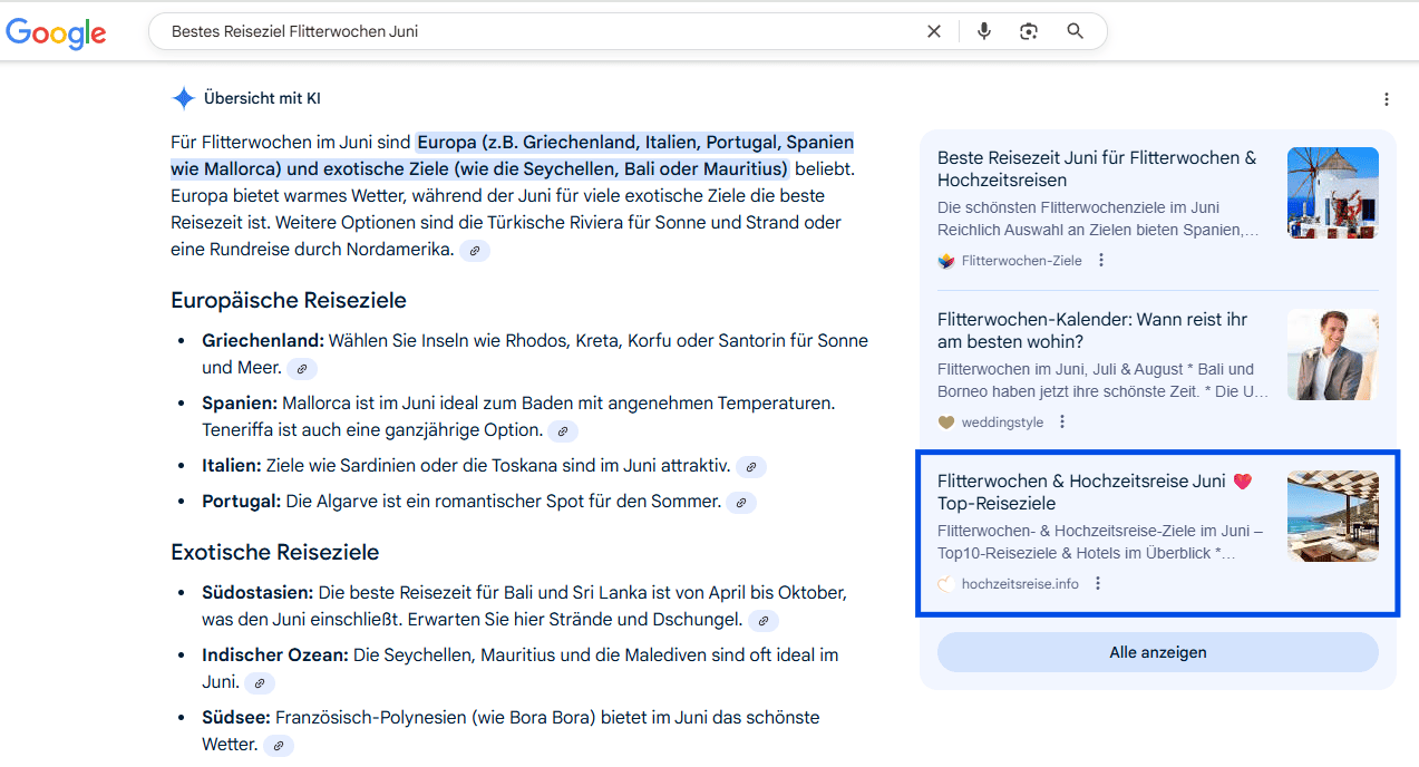 Screenshot aus AI Overview zum Thema Flitterwochen im Juni