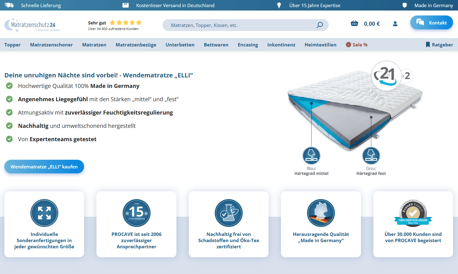Matratzenschutz24 Startseite Screenshot