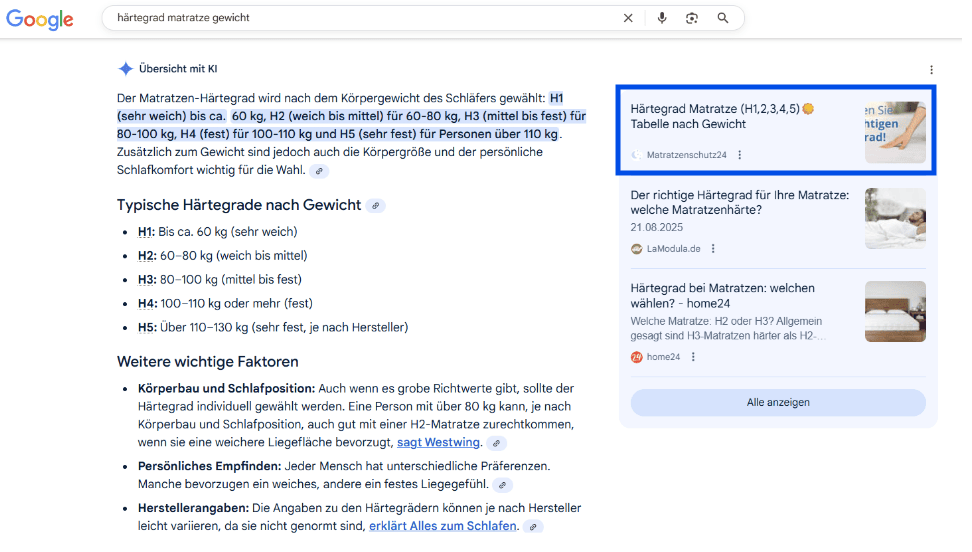 Screenshot aus ChatGPT zu Hรคrtegrad Matratze Gewicht