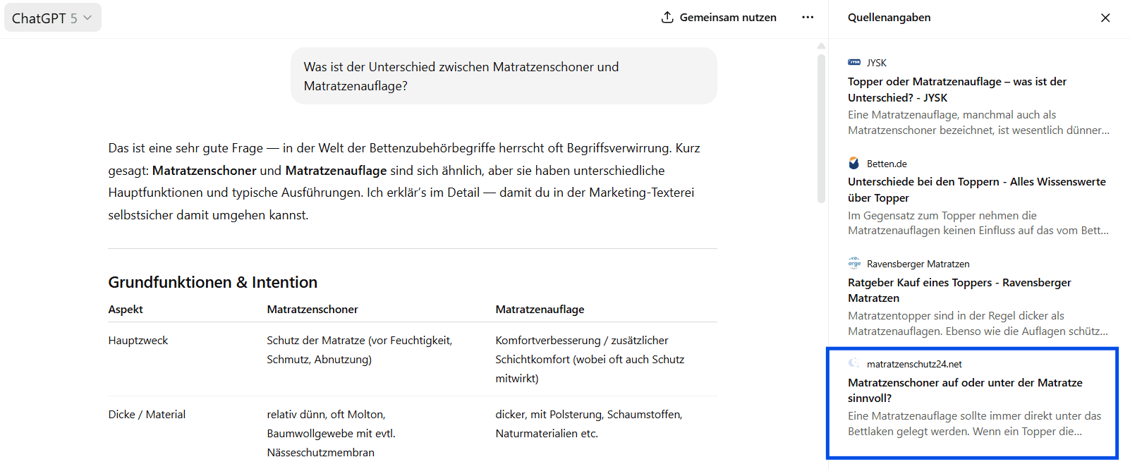 Screenshot aus ChatGPT zur Frage "Was ist der Unterschied zwischen Matratzenschoner und Matratzenauflage?"