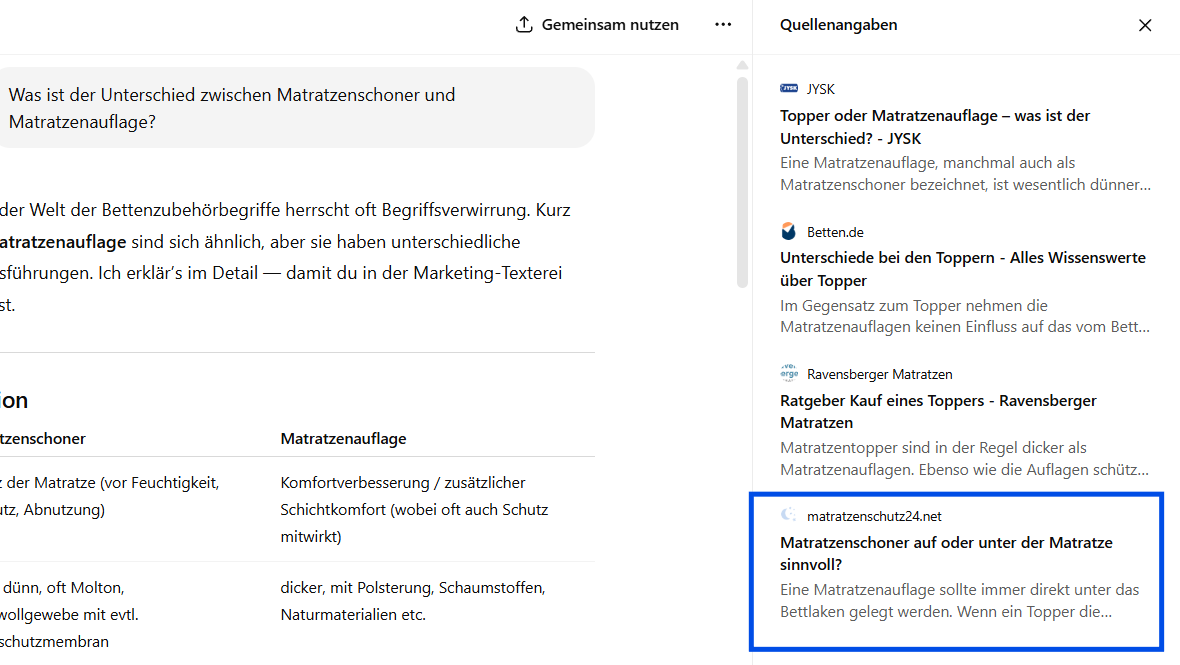 Screenshot aus ChatGPT mit Matratzenschutz24.net als Quelle