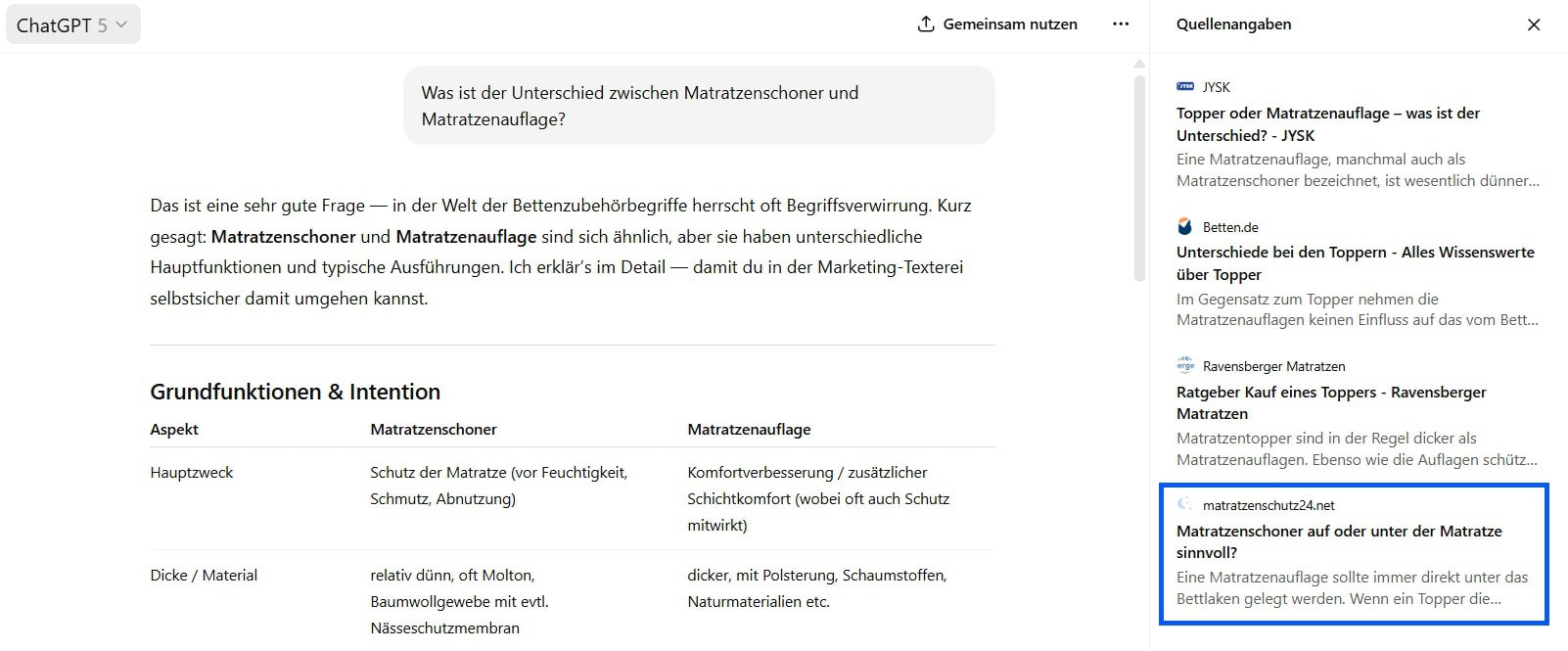 Screenshot einer ChatGPT-Antwort zur Frage „Was ist der Unterschied zwischen Matratzenschoner und Matratzenauflage?“. Eine Tabelle vergleicht beide Produkte in Funktion, Material und Einsatzbereich. Rechts werden Quellen wie JYSK, Betten.de und Matratzenschutz24 angezeigt.