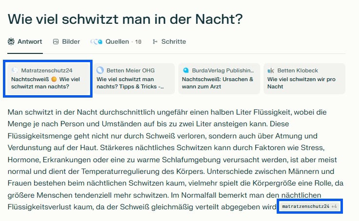 Screenshot einer KI-Antwortseite mit der Frage „Wie viel schwitzt man in der Nacht?“. Der Text erklärt durchschnittlichen Flüssigkeitsverlust, Ursachen für Nachtschweiß und Unterschiede zwischen Männern und Frauen. Quellen sind Matratzenschutz24, Burda Verlag und Betten Meier.