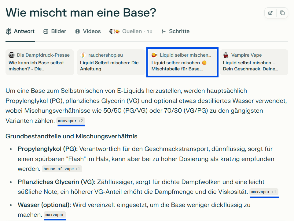 Screenshot aus Perplexity zum Thema Base mischen