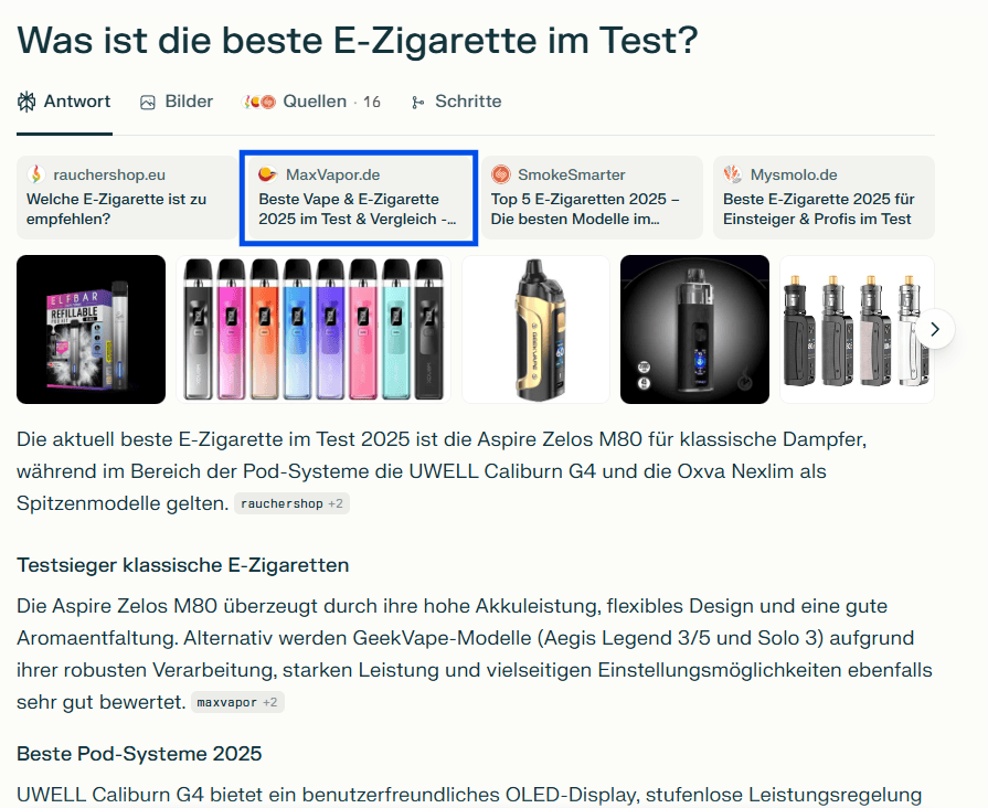 Screenshot auf Perplexity zum Thema "Was ist die beste E-Zigarette?"