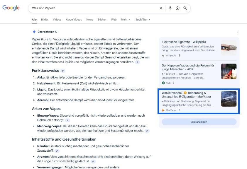 Screenshot einer Google-KI-Übersicht zur Frage „Was sind Vapes?“ mit Erklärung zu Aufbau, Funktionsweise und Inhaltsstoffen von E-Zigaretten. Der Text beschreibt Akku, Heizelement, Liquid und Aerosol sowie Unterschiede zwischen Einweg- und Mehrweg-Vapes. Rechts erscheinen Infoboxen von Wikipedia, AOK und MaxVapor.