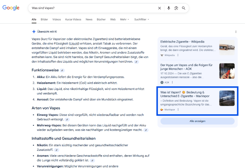 Screenshot aus AI Overviews zum Thema "Was sind Vapes?"