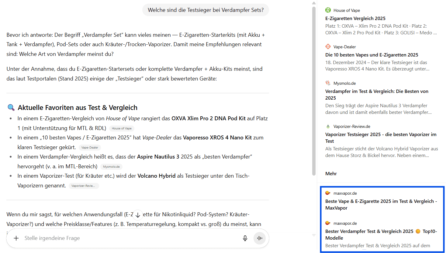 Screenshot auf ChatGPT zum Thema Verdampfer-Test