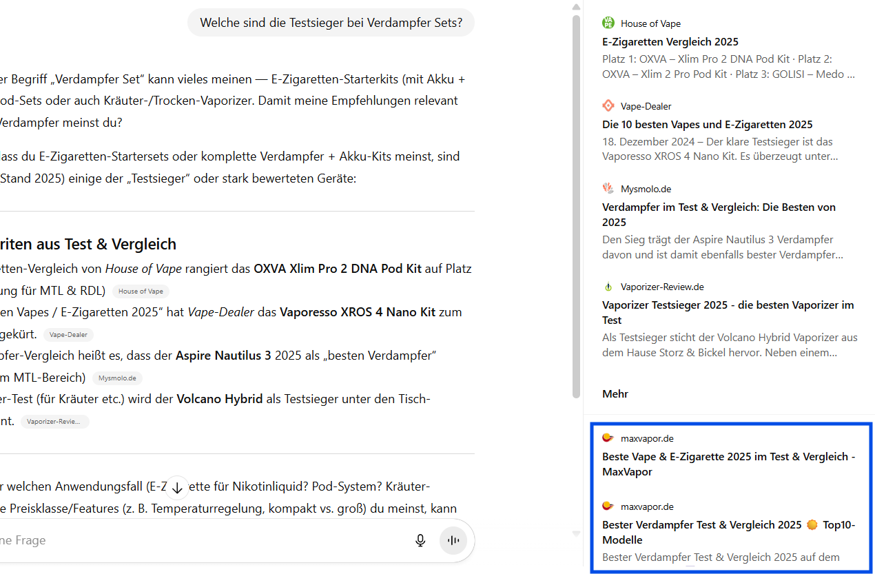 Screenshot aus ChatGPT mit MaxVapor als Quelle