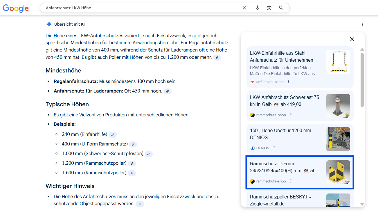Screenshot zu Rammschutz aus AI Overviews