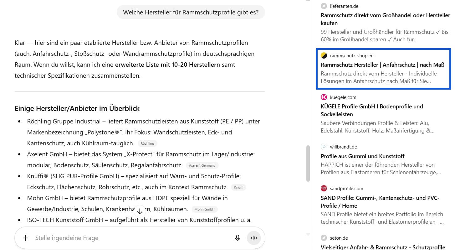Screenshot einer KI-Antwort zur Frage „Welche Hersteller für Rammschutzprofile gibt es?“. Aufgelistet sind deutsche Anbieter wie DENIOS, Schibo, Hofmann, NIEROLEN, A-Safe und HL Kunststofftechnik mit Spezialisierungen auf Stahl-, Kunststoff- und Poller-Systeme. Rechts erscheinen weiterführende Quellen wie rammschutz-shop.de und ibvgraph.com.
