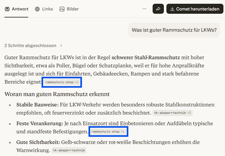 Screenshot zu Rammschutz aus Perplexity