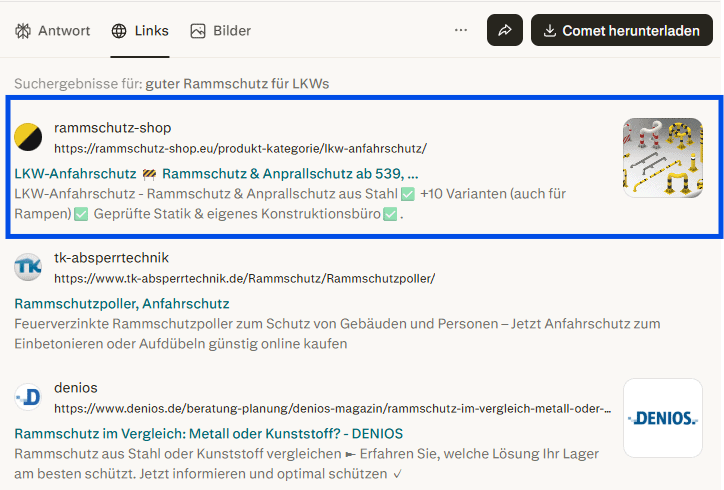 Screenshot zu Rammschutz aus Perplexity