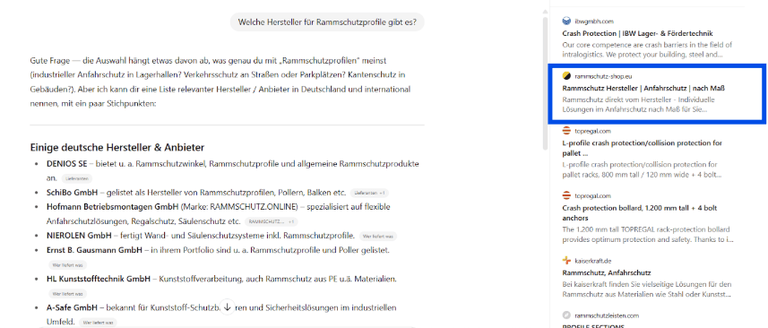 Screenshot aus ChatGPT mit Rammschutz als Quelle