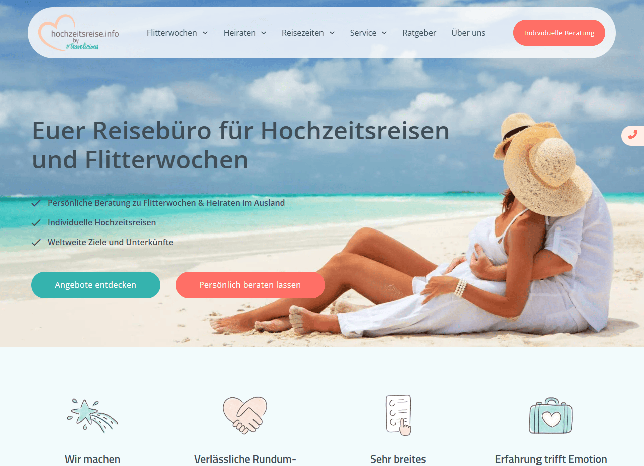 Screenshot der Hochzeitsreise Startseite