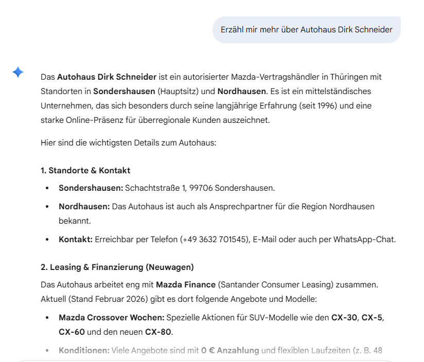 Screenshot aus ChatGPT mit Autohaus Dirk Schneider als Quelle