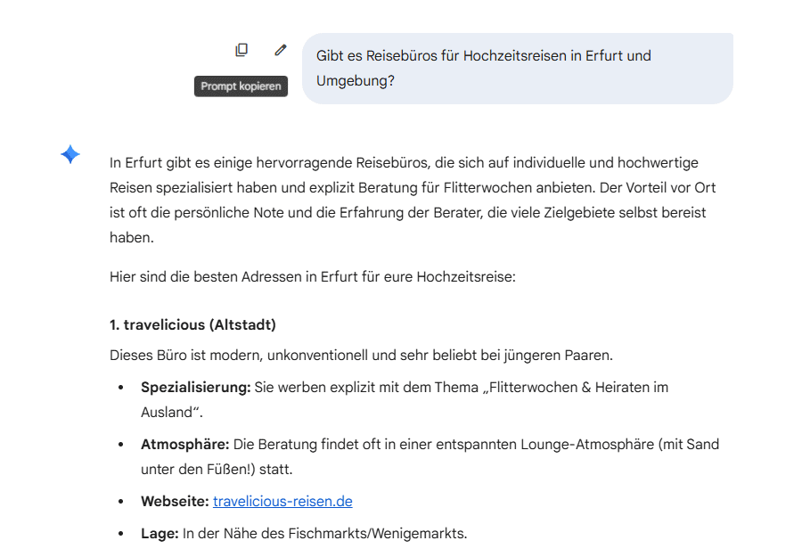 Screenshot aus ChatGPT mit travelicious als Quelle