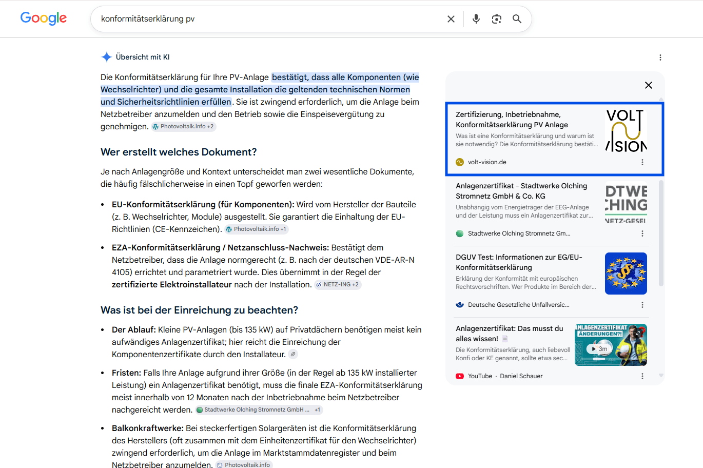 Screenshot aus Google AI Overview zur Konformitรคtserklรคrung PV