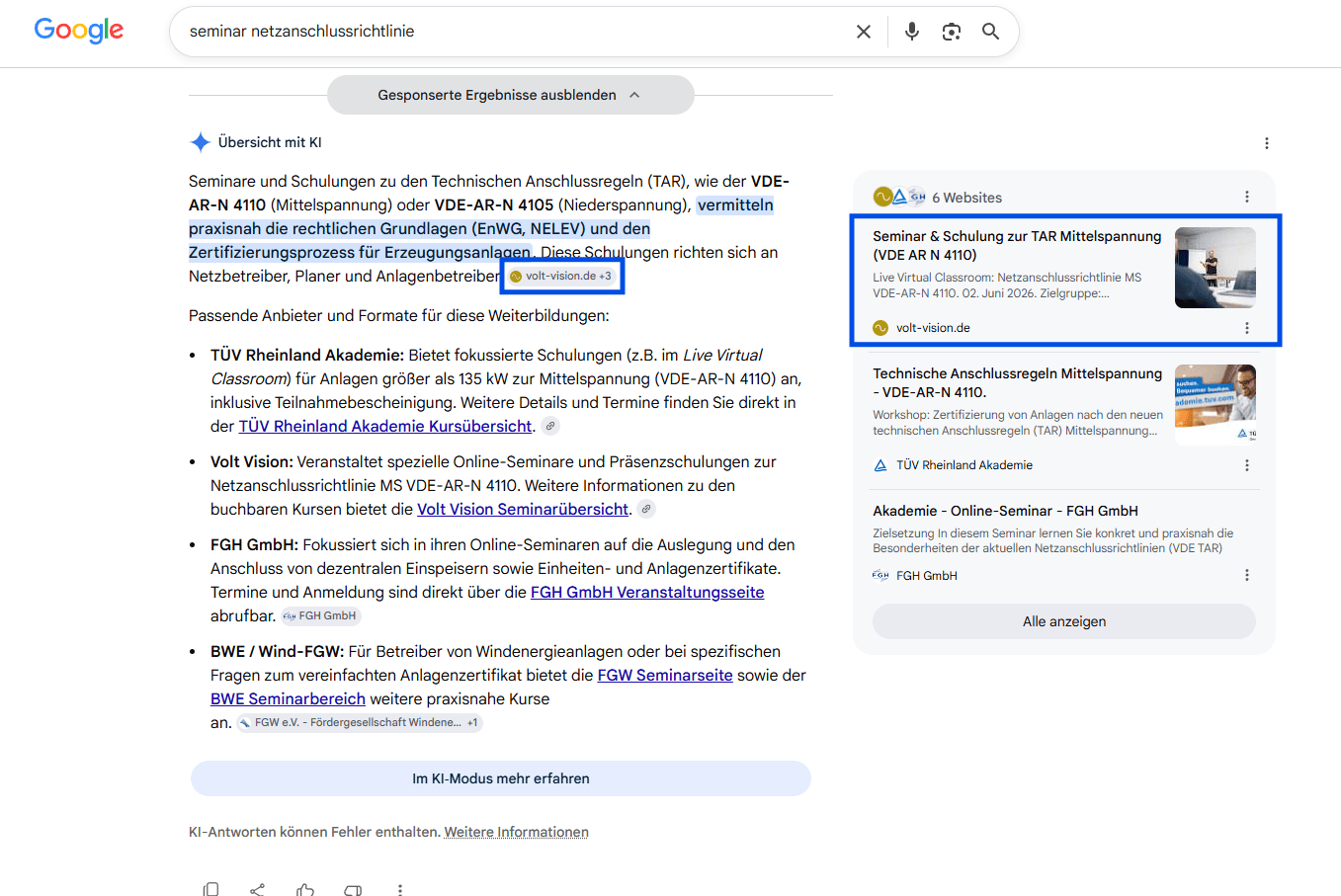 Screenshot aus Google AI Overview zum Thema Schulungen Netzanschlussrichtlinie