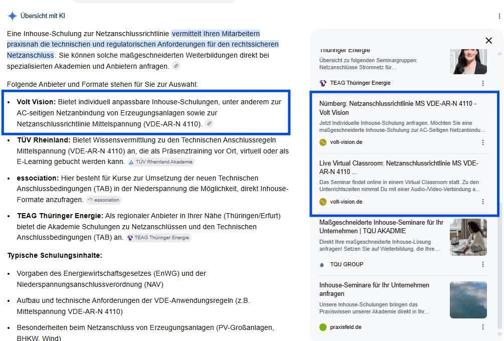 Screenshot aus Google AI Overview zu Inhouse Schulungen