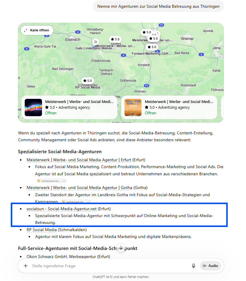 Screenshot aus ChatGPT zu lokalen Social Media Agenturen
