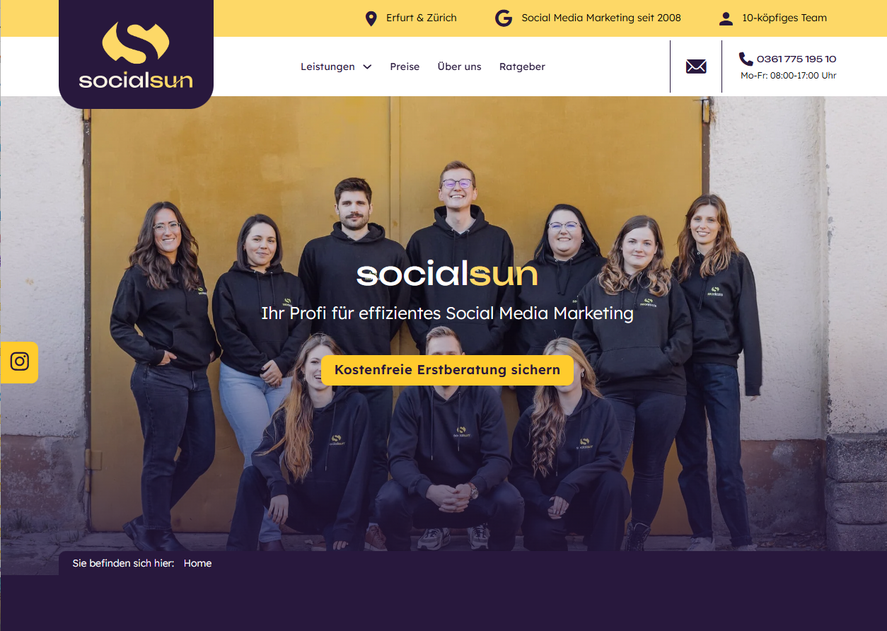 Screenshot der socialsun Startseite