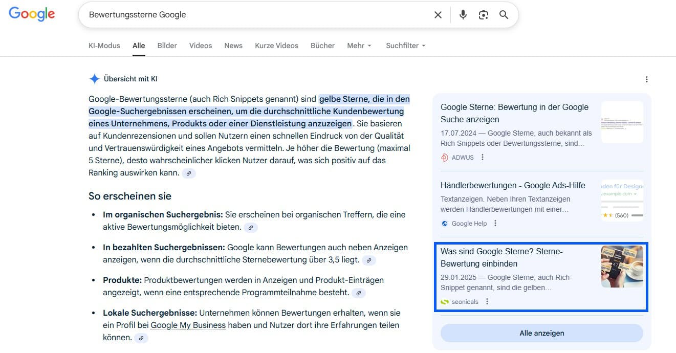 Screenshot einer KI-Antwort mit der Überschrift „Wie bekommt man die Google Bewertungssterne?“. Der Text erläutert, wie Unternehmen durch Bewertungen und strukturierte Daten (Schema Markup) Sterne in Google-Suchergebnissen erhalten. Quellen sind Seonicals, Trustmary und Synup.