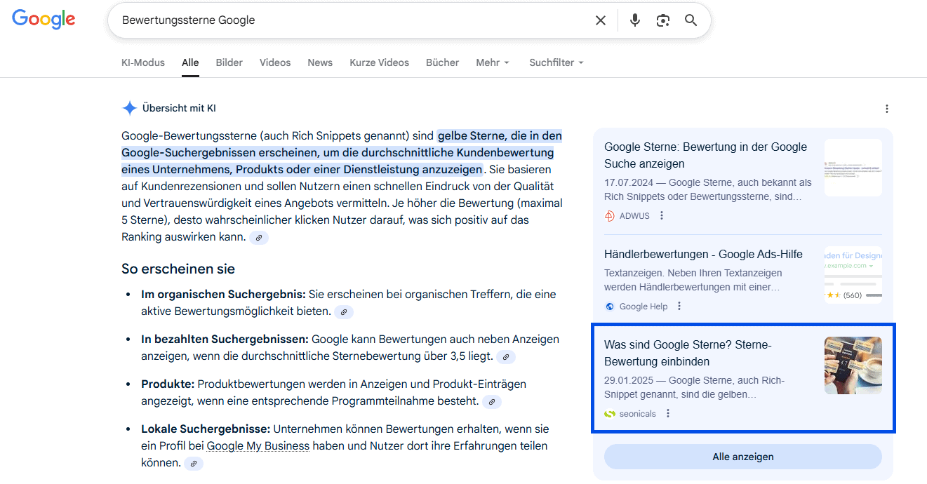 Screenshot aus AI Overviews zum Thema Google Bewertungssterne