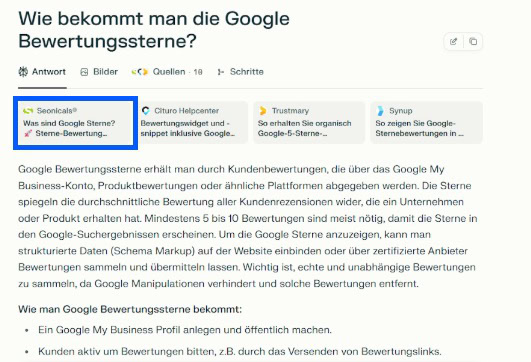Screenshot einer KI-Antwort mit der Überschrift „Wie bekommt man die Google Bewertungssterne?“. Der Text erläutert, wie Unternehmen durch Bewertungen und strukturierte Daten (Schema Markup) Sterne in Google-Suchergebnissen erhalten. Quellen sind Seonicals, Trustmary und Synup.