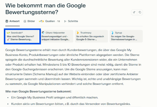 Screenshot aus Perplexity zum Thema Google Bewertungssterne