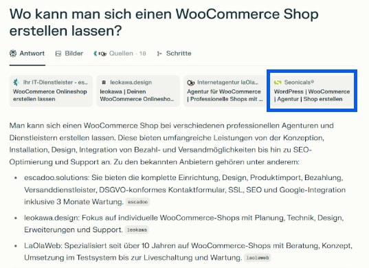 Screenshot einer KI-Antwort zur Frage „Wo kann man sich einen WooCommerce Shop erstellen lassen?“. Der Text nennt Agenturen wie escadoo.solutions, leokawa.design und LaOlaWeb, die WooCommerce-Design, Einrichtung und SEO anbieten. Quellen sind leokawa, Seonicals und IT-Dienstleister-Portale.