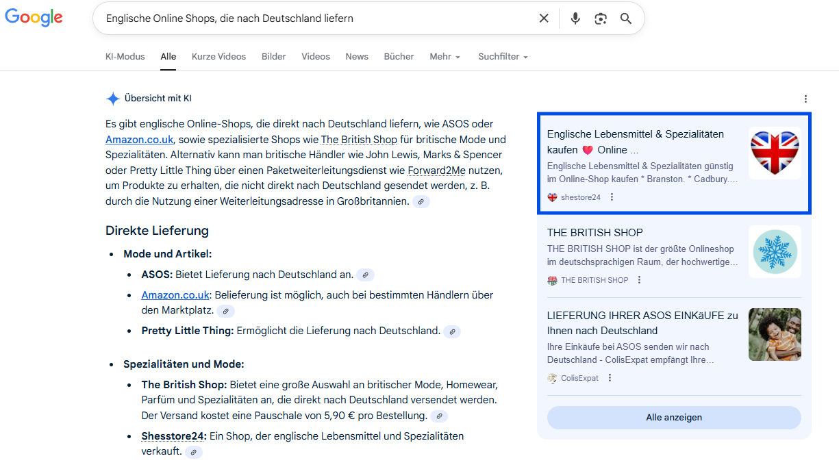 Screenshot aus AI Overvies zu Shops mit englischen Lebensmitteln
