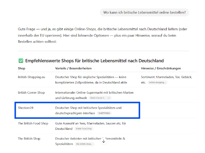 Screenshot aus ChatGPT zu Shops für englische Lebensmittel
