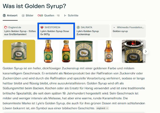 Screenshot einer KI-Antwort zur Frage „Was ist Golden Syrup?“. Gezeigt sind Bilder verschiedener Lyle’s Golden Syrup-Dosen und Flaschen sowie eine Erklärung des britischen Zuckersirups mit Ursprung, Geschmack und Verwendungszweck. Quellen sind England.de, Shestore24 und Dalriata.