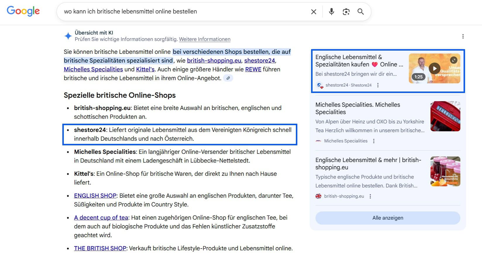 Screenshot einer Google-Suche nach ‚wo kann ich britische Lebensmittel online bestellen‘ mit hervorgehobenen Treffern für den Shop shestore24.