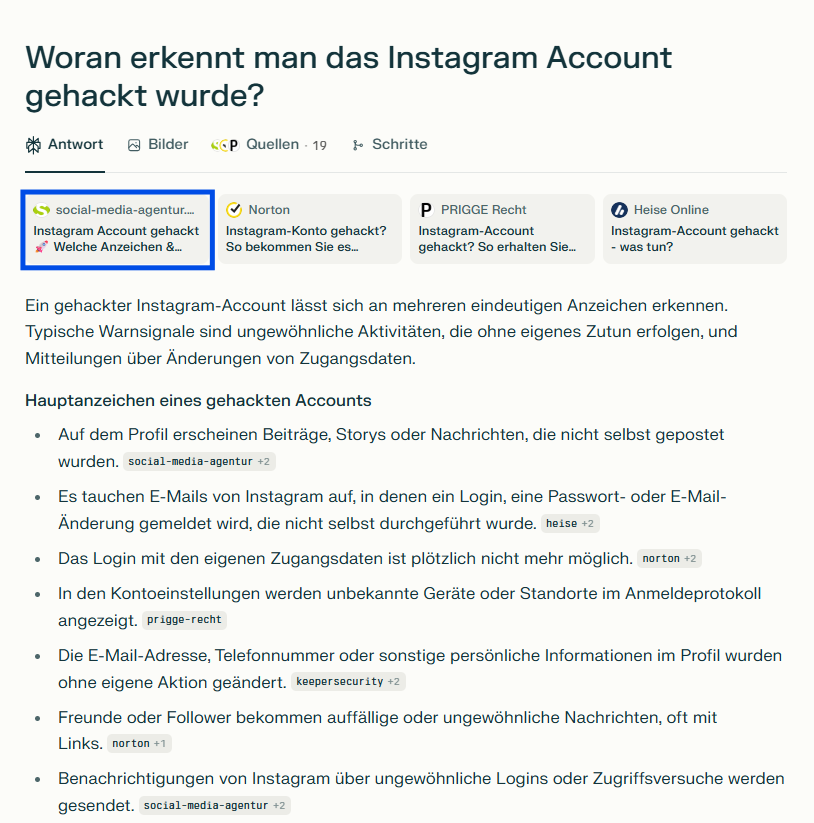 Screenshot aus Perplexity zu Instagram gehackt