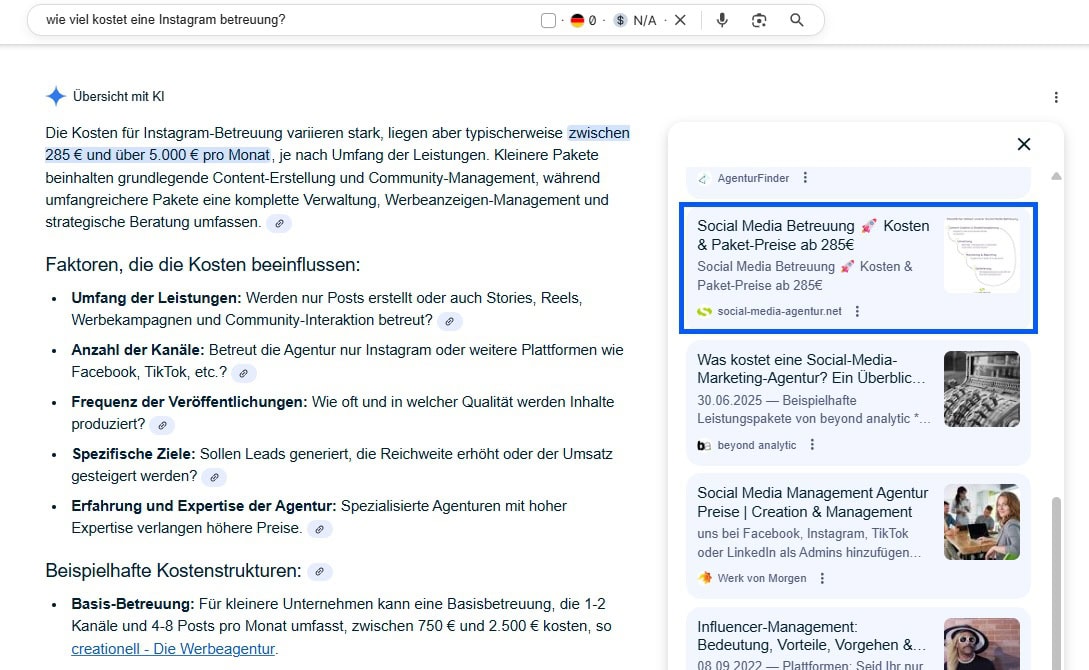 Screenshot einer Google-KI-Antwort zur Suche „Wie viel kostet eine Instagram Betreuung?“. Der Text erklärt Preisrahmen zwischen 285 € und 5.000 € pro Monat, abhängig von Leistungsumfang, Agenturerfahrung und Zielsetzung. Rechts erscheinen Anbieter wie Social-Media-Agentur.net und beyond analytic.