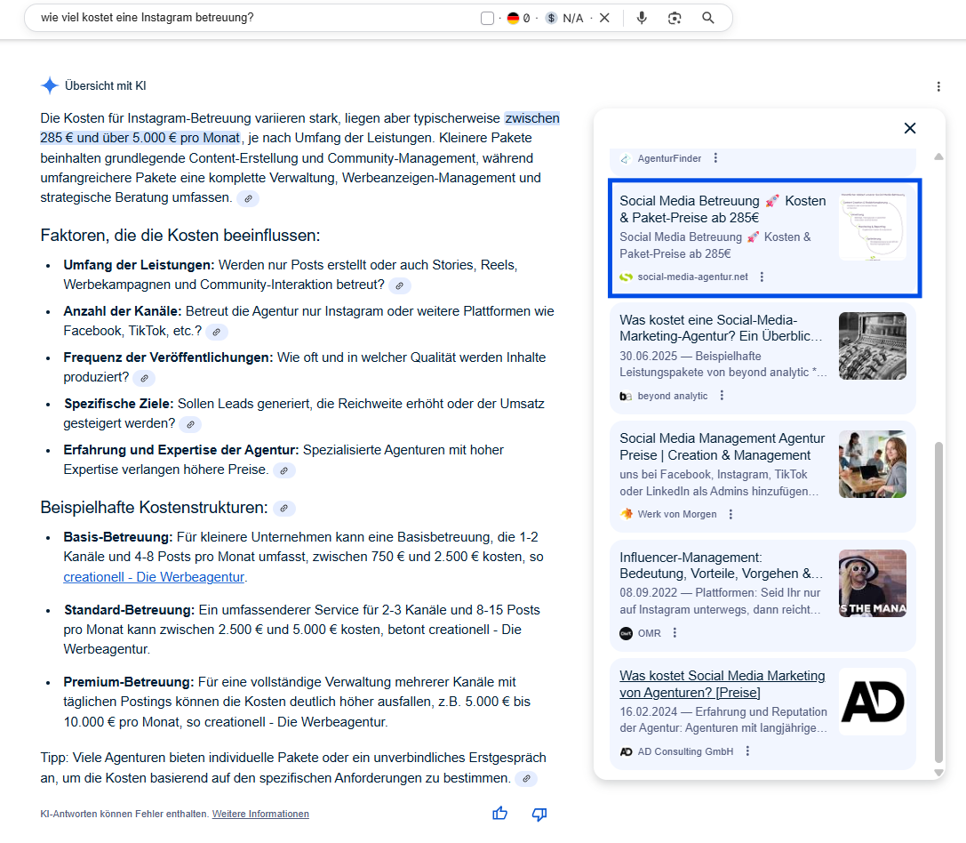Screenshot aus AI Overviews zur Instagram Betreuung
