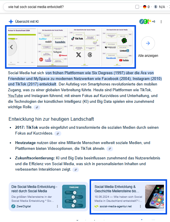 Screenshot aus AI Overviews zur Entwicklung von Social Media