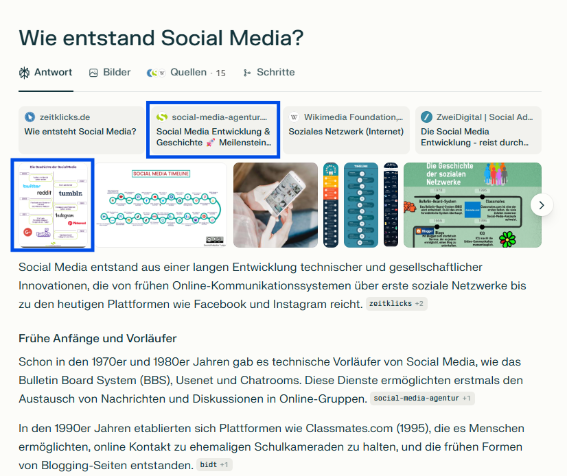 Screenshot aus Perplexity zum Thema Social Media Geschichte