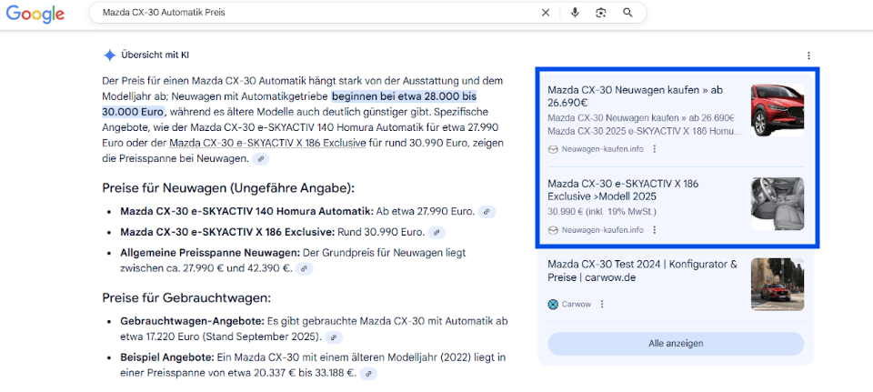 Screenshot aus AI Overview zu Mazda CX 30 Preis