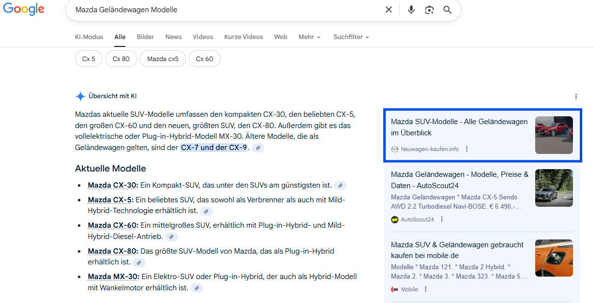 Screenshot aus Ai Overview zu Geländewagen